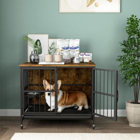 Modern Kennel room up to 60 LB, crate furniture with Multi-Purpose Removable Tray, 2-Door, Llift Panel, 360 Rotation-3 Height Adjustable Bowls