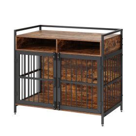 VEVOR Furniture Style Crate with Storage, 41 inch Large Breed w/ 2 Doors, Wooden Cage for Large/Medium, Hold up to 70 lbs, Rustic Brown