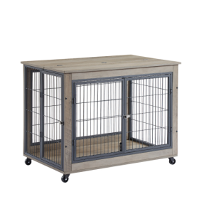 Furniture Style Dog Cage Side Table With Wheels With Double Doors And A Raised Top. Grey (Option 1: Grey)