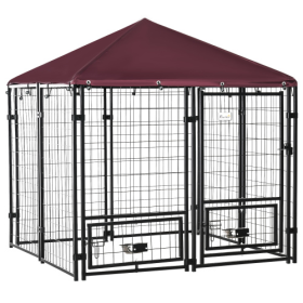 Outdoor Kennel With Rotating Bowl Rack, Walk-in Pet Playpen, Welded Wire Steel Dog Pen, With Waterproof And UV Resistant Awning (Option 1: Black and red)